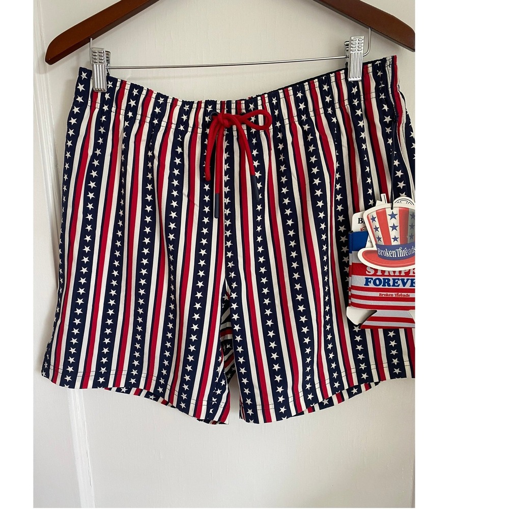 NWT Broken Threads Swim Trunks Mens L Red White Blue Stars Stripes Koozie